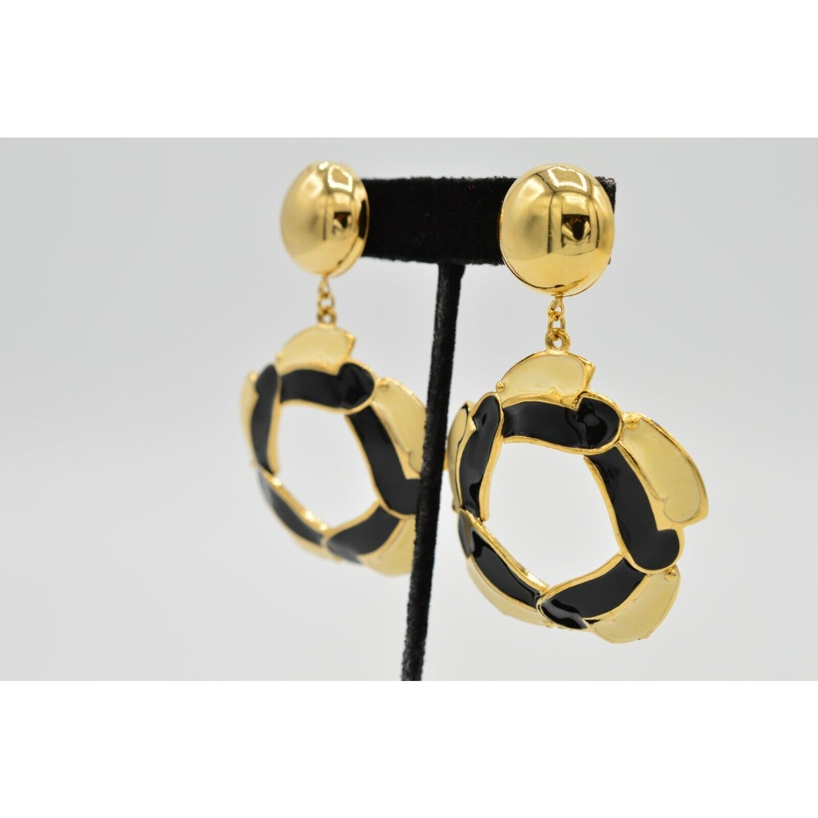 Vintage Statement Earrings Big Chunky Dangle Gold Black Cream Enamel 1980s 9H