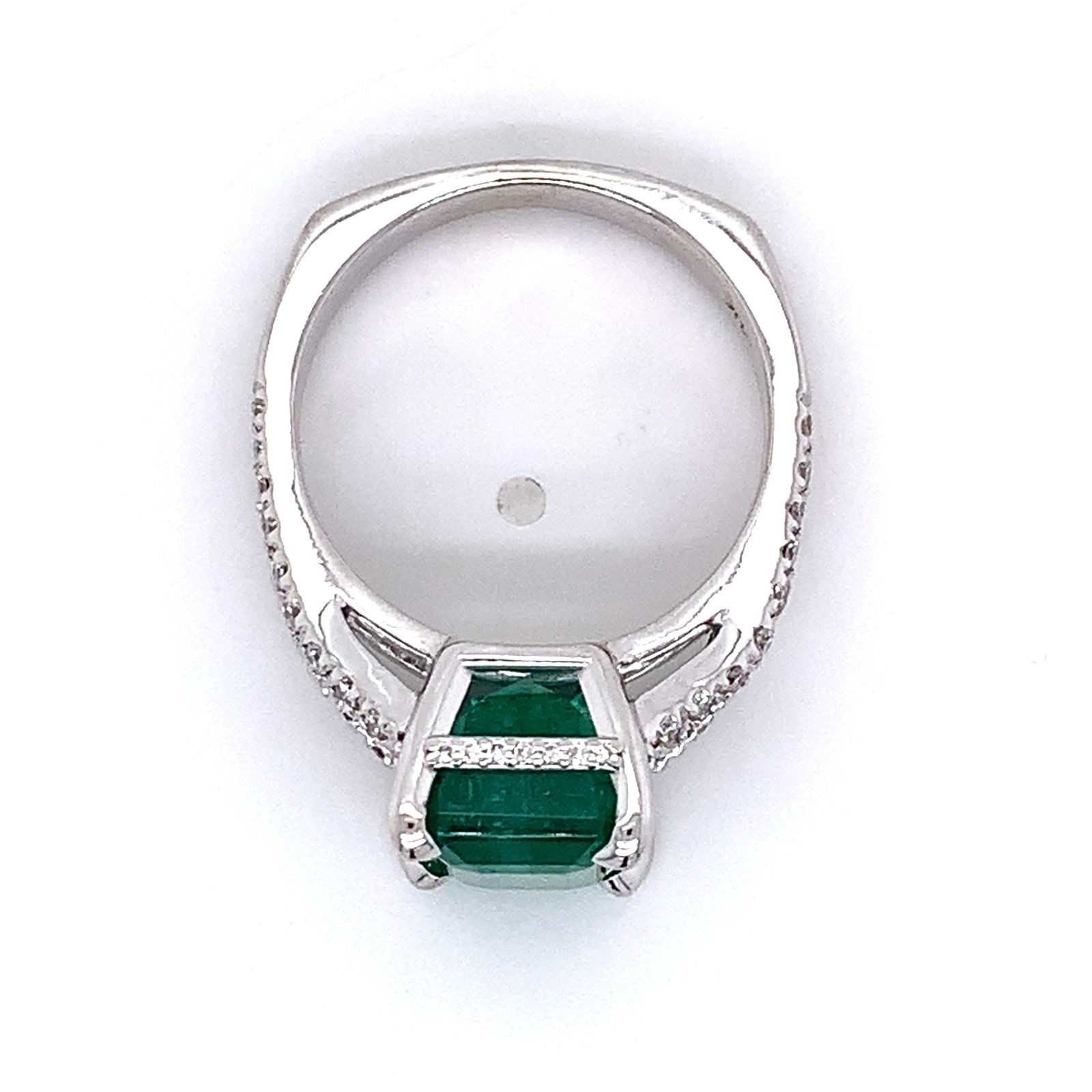 14K White Gold Emerald and Round Diamond Split Shank Open Cathedral Ring