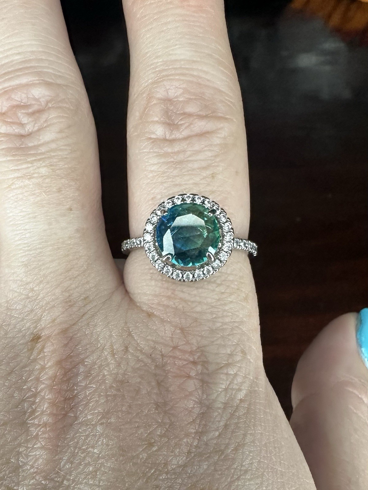 Bomb Party Ring- 01- 2944- Lab Created Bi-Color Azure- Size 9.25- Rhodium Plated