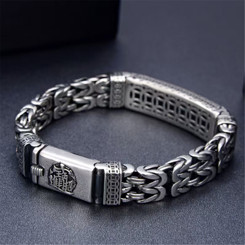 Pure 925 Sterling Silver Bracelet 11mm Pixiu Byzantine Link Chain7.1-7.9inch