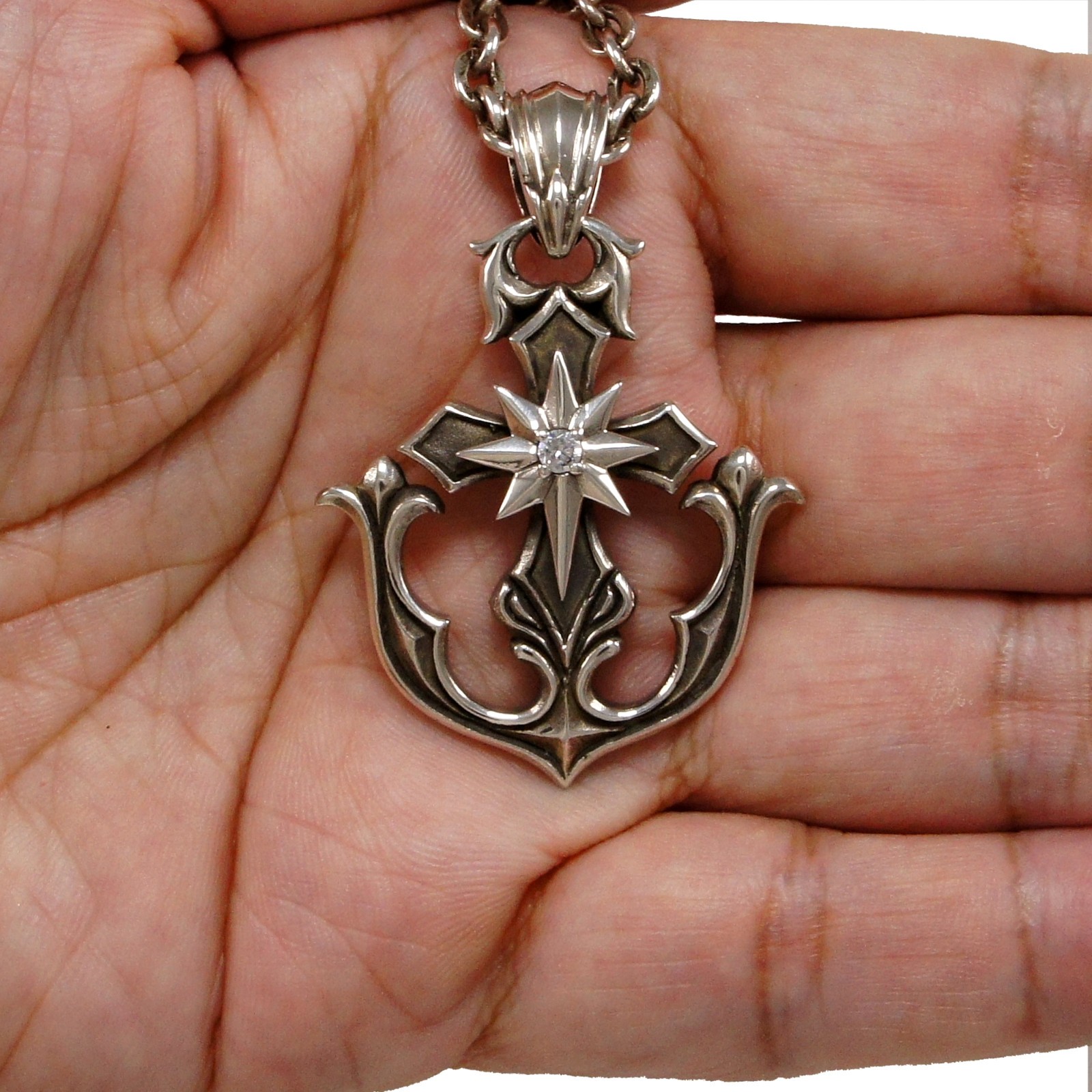 ANCHOR CROSS STAR 925 STERLING SILVER BIKER GOTHIC ROCKABILLY PENDANT NG-003