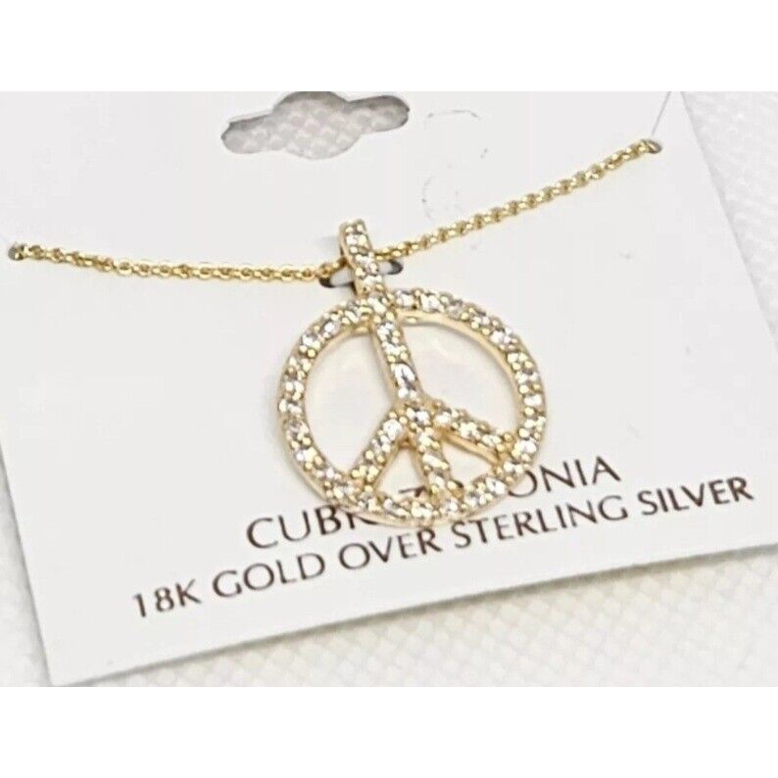 18K Gold Vermeil Necklace Peace Pendant CZ Women’s Fashion Stylish Chic NWT