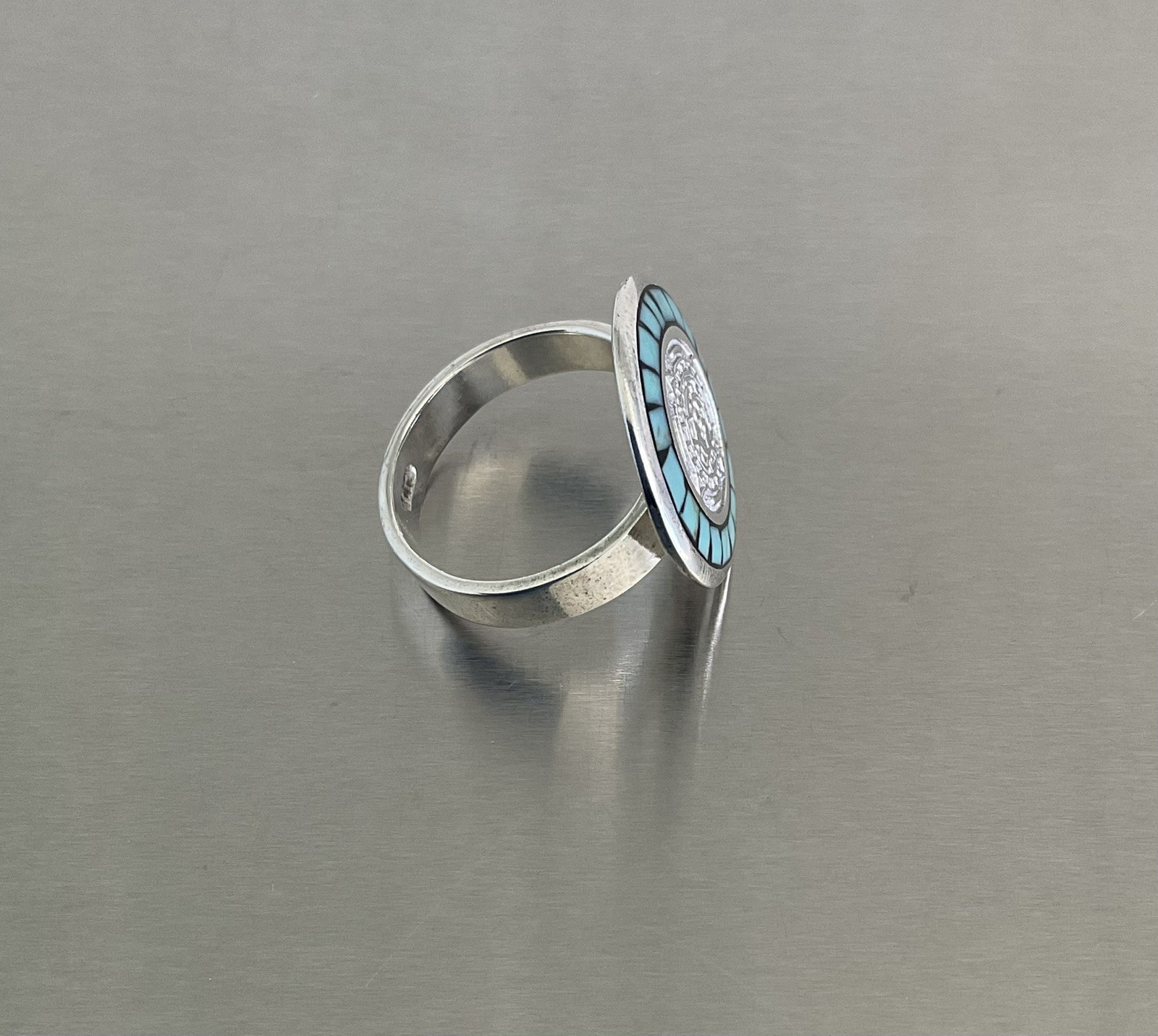 Turquoise Chip Inlay Aztec Calendar Motif Ring 925 Sterling Silver Size 7