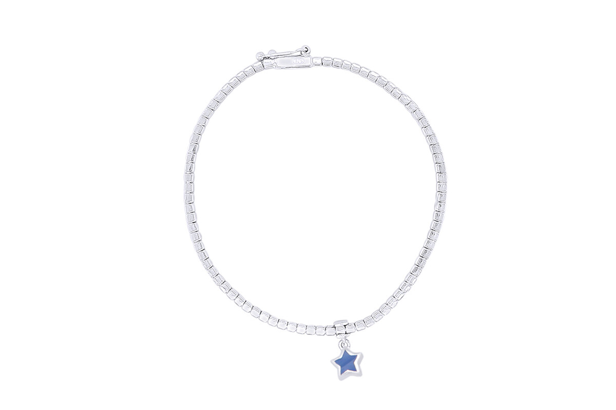 Round Simulated Dangle Star Blue Enamel Tennis Bracelet 6.5″ Sterling Silver