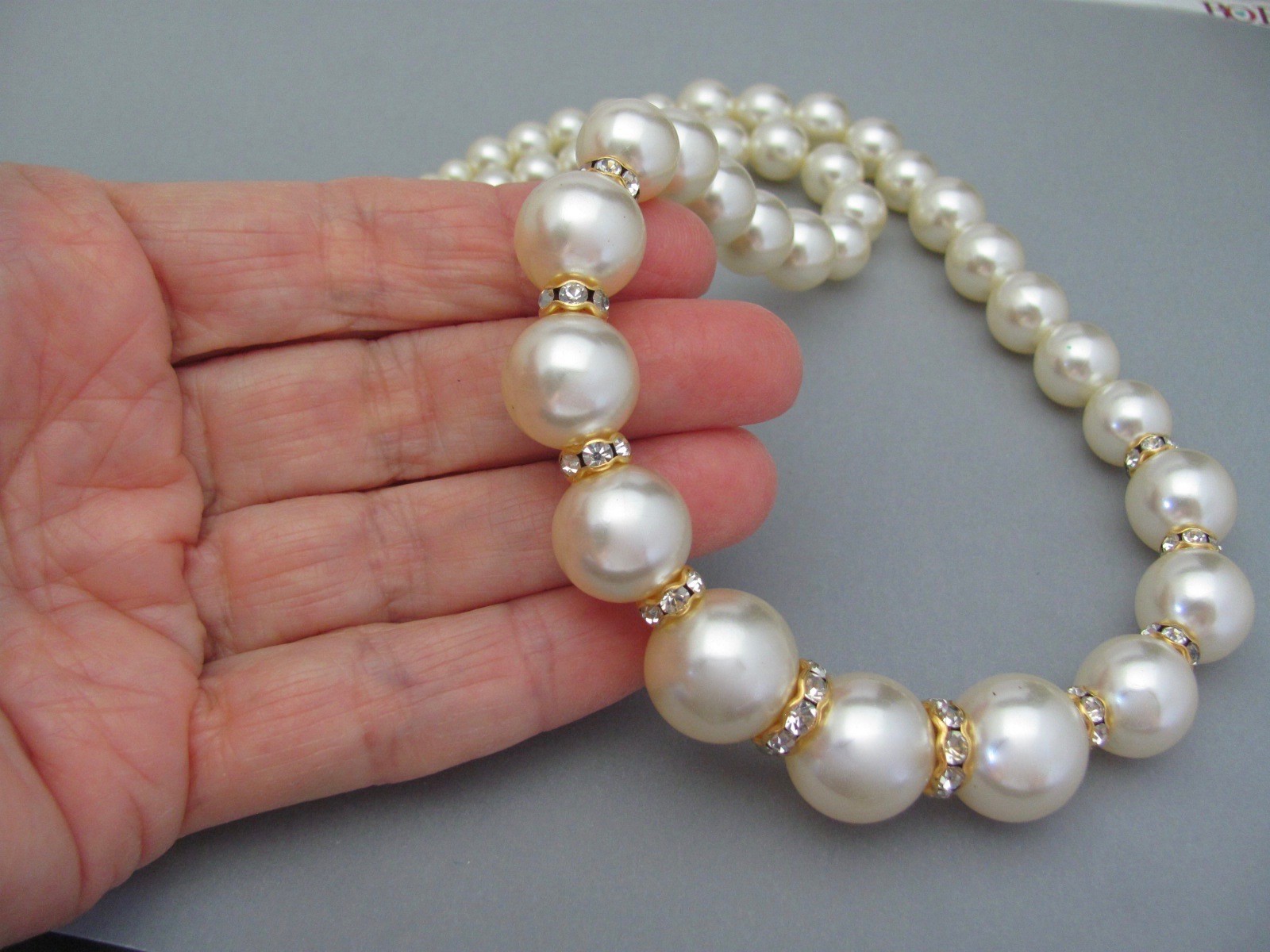 Vintage Pearl Necklace Cream White Faux Pearls Graduated Statement Crystal Gift