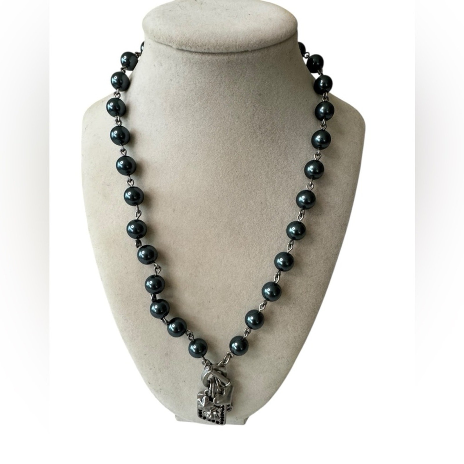 CAbi Women’s Heritage Gray Pearls Necklace Silver Charms Vintage Style Pendant