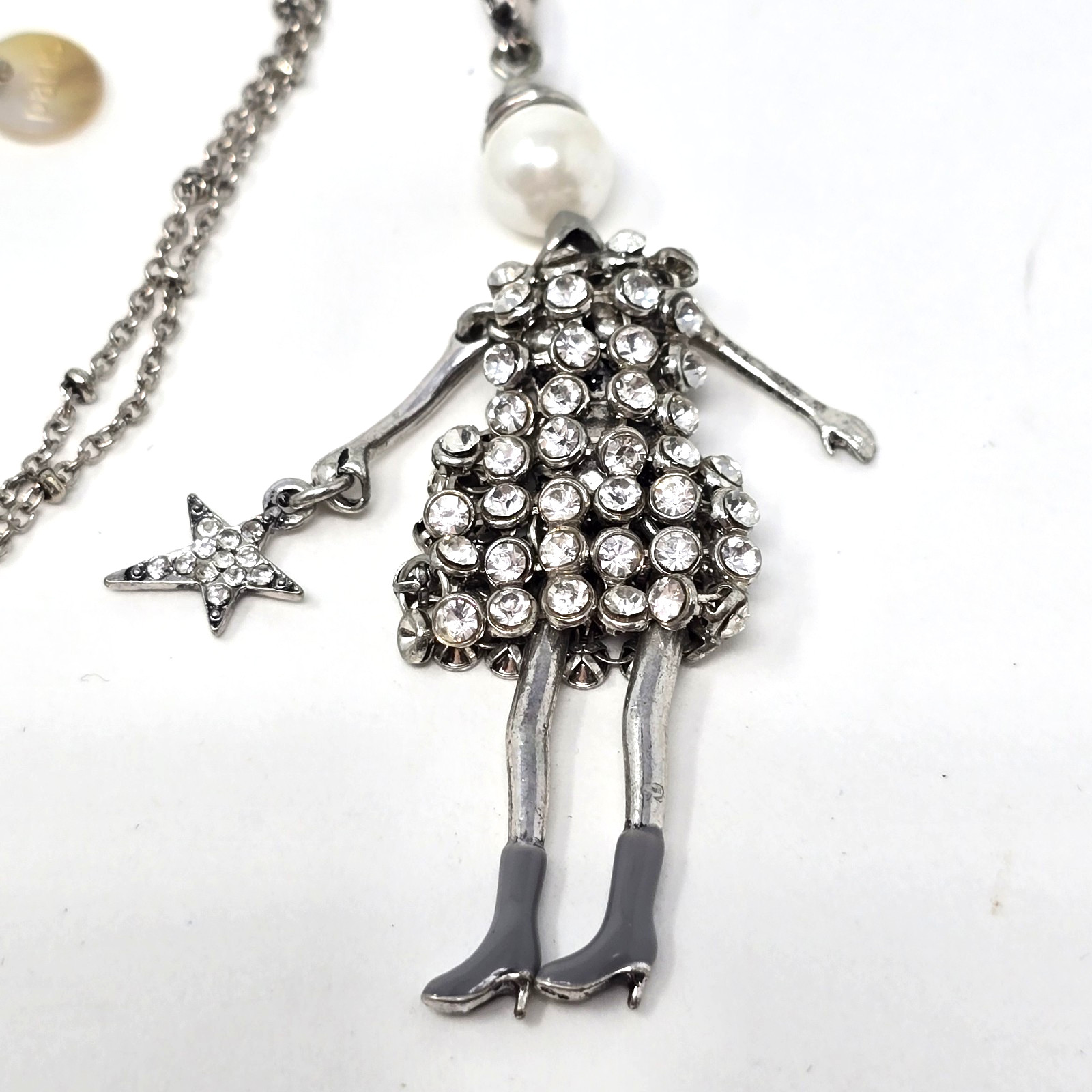 Vtg Couture Paris White Cryatal Mesh Silver Diva Doll Star Pendant Necklace 30″