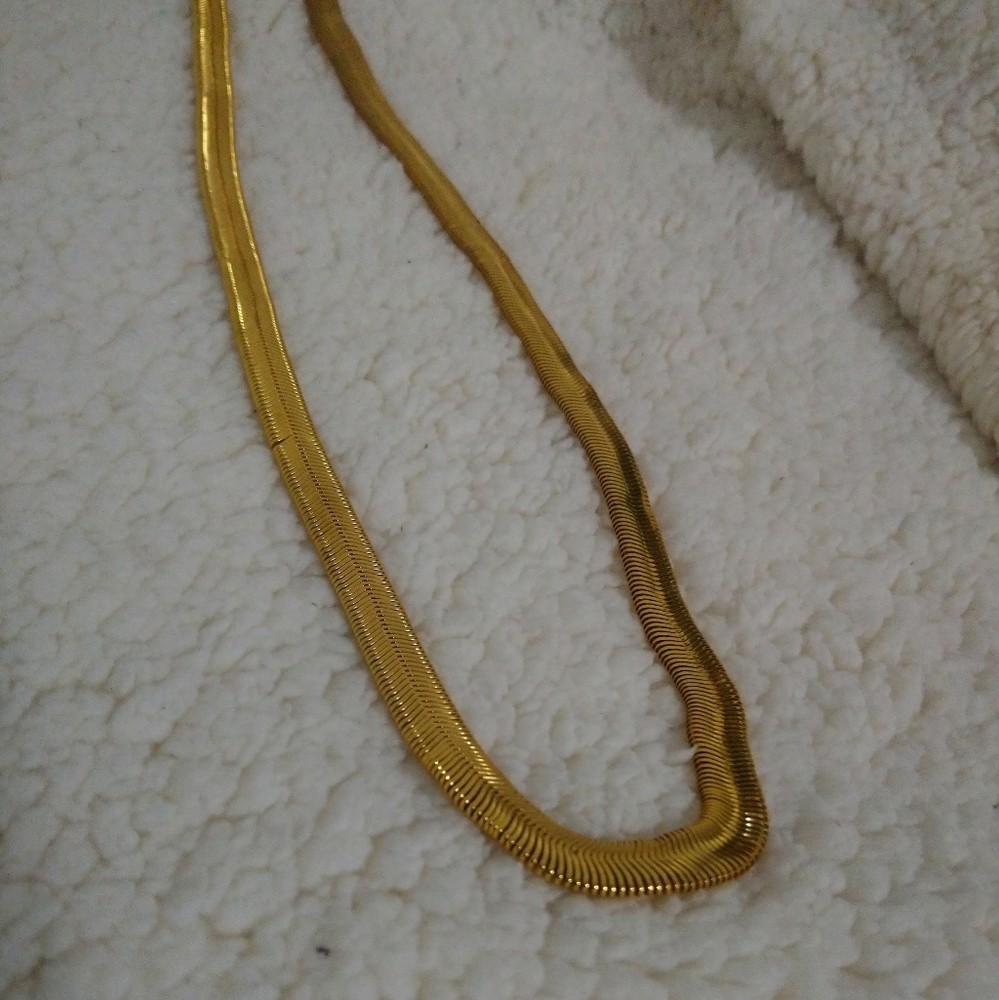 Vintage Gold Tone Wide Omega Herringbone Chain Necklace, Liquid Gold Snake Stran