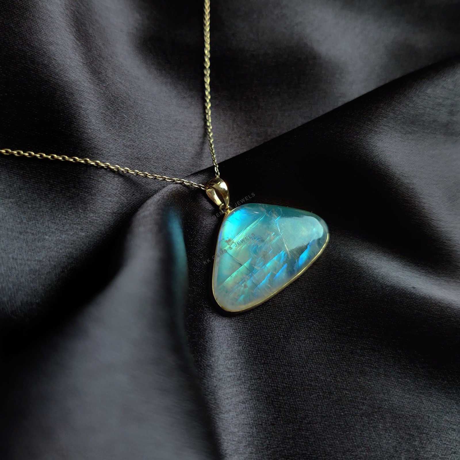 22.65 Ct Natural Rainbow Moonstone Pendant 14K Solid Gold June Birthstone Bezel