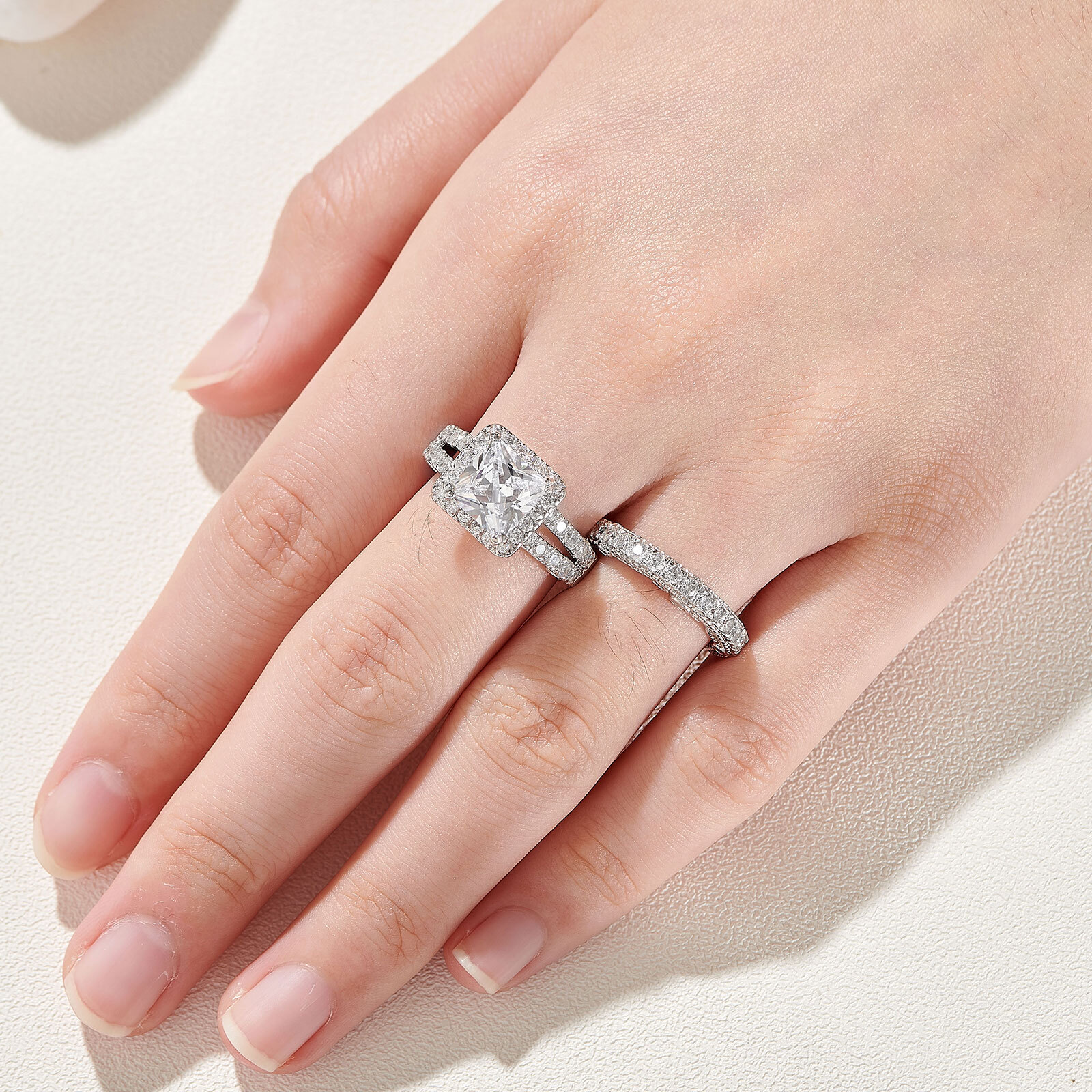Wuziwen Wholesale 925 Silver Engagement Promise Wedding Ring Set Princess Cut CZ