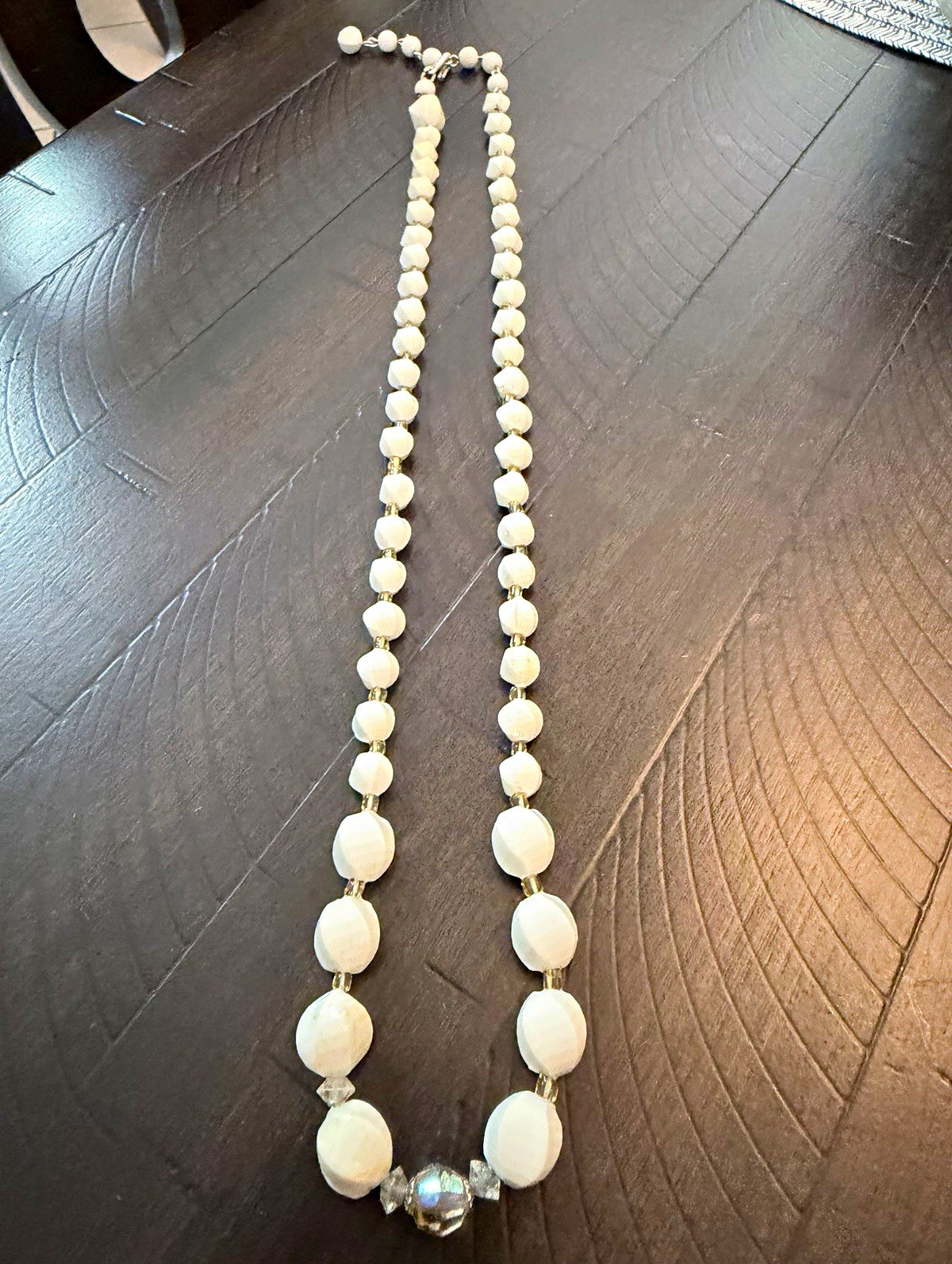 Vintage White Faceted Bead Necklace Long Graduated Clear Accent Statement