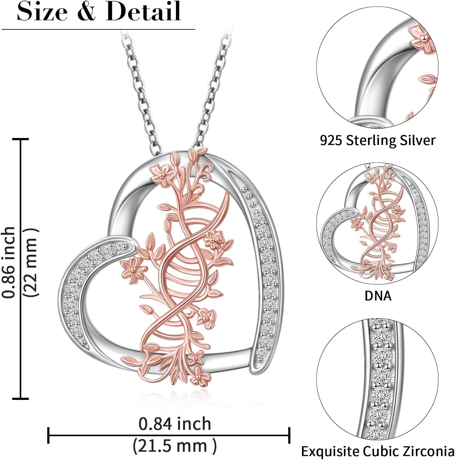 DNA Double Helix Chemistry Necklace 925 Sterling Silver Heart Pendant Gift Women