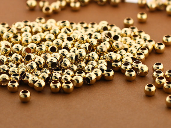 4mm Gold Large Hole Beads, 30pc, 14kt Gold Filled Round Seamless Spacers, Big Ho