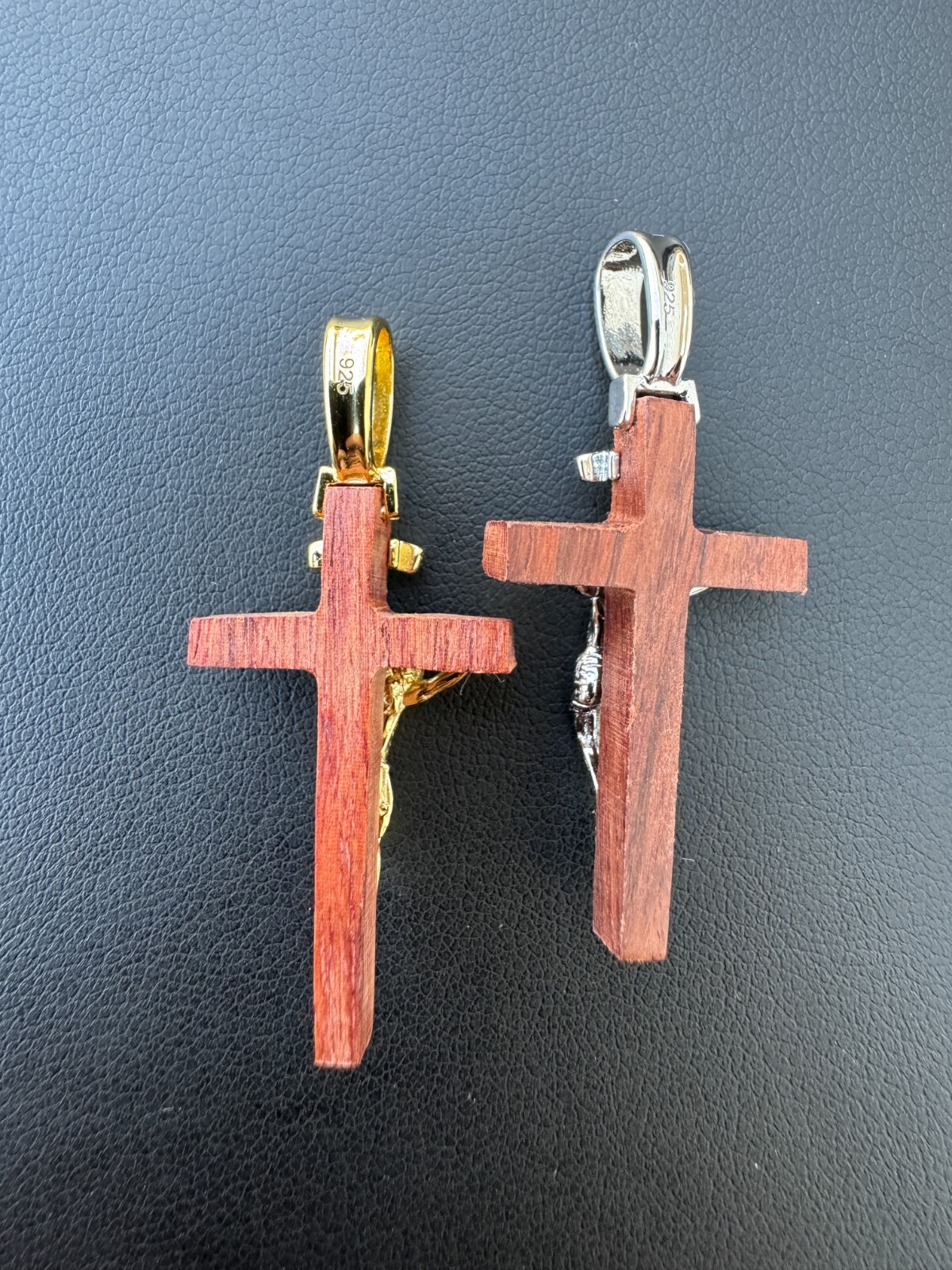 Mens Real 925 Silver Red Cherry Walnut Wood Jesus Cross Pendant Necklace 1.25″