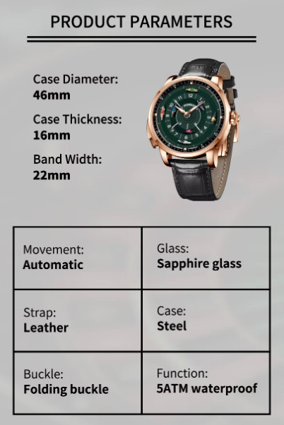 PINDU Men’s Automatic Watch Horse Racing Track Rotating 46mm Watch Gold Case