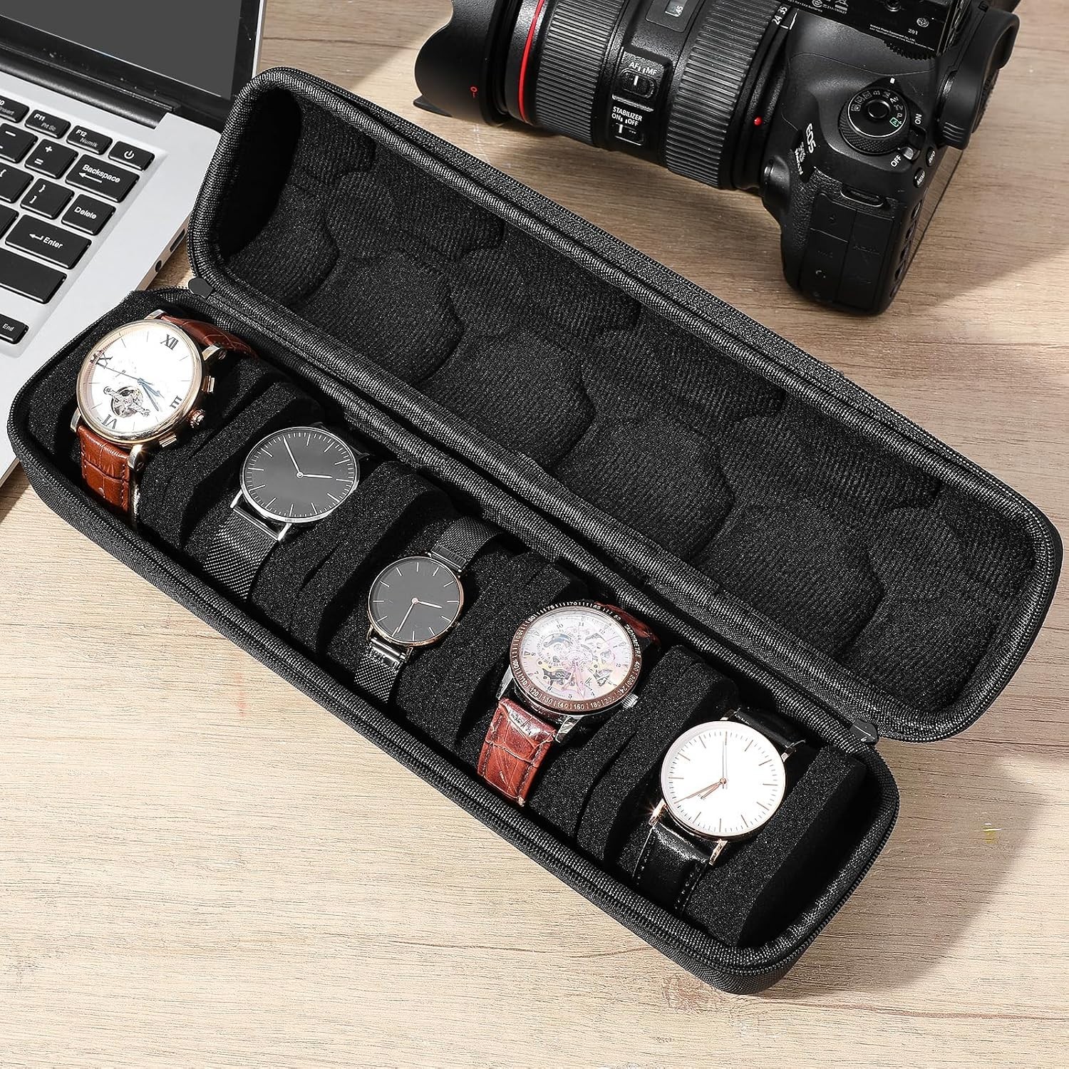 2 Pcs Men’s Watch Travel Case with 5 Slots & Soft Foam Pillows – Portable Black