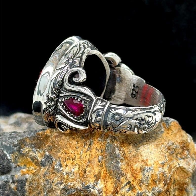 925 Silver Artisan Crafted Multi Stone Engraved Statement Ring