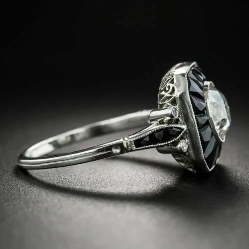 Art Deco Vintage Round Lab Created Diamond & Onyx Engagement Ring In 925 Silver