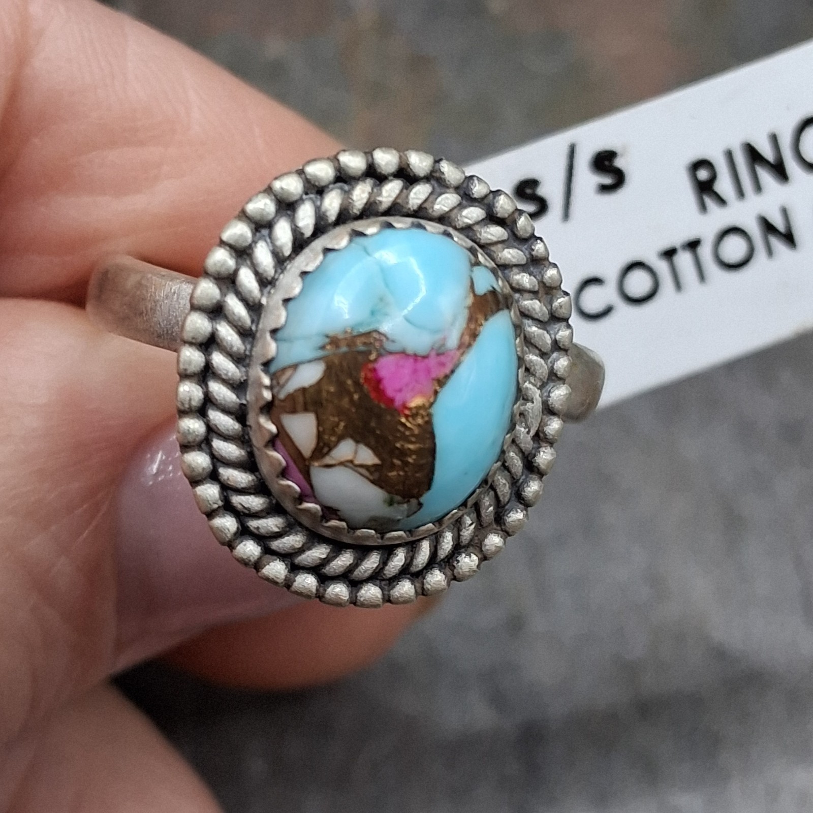 Cotton Candy Turquoise Ring Adjustable 5.5-10 Sterling Silver 925 Southwestern
