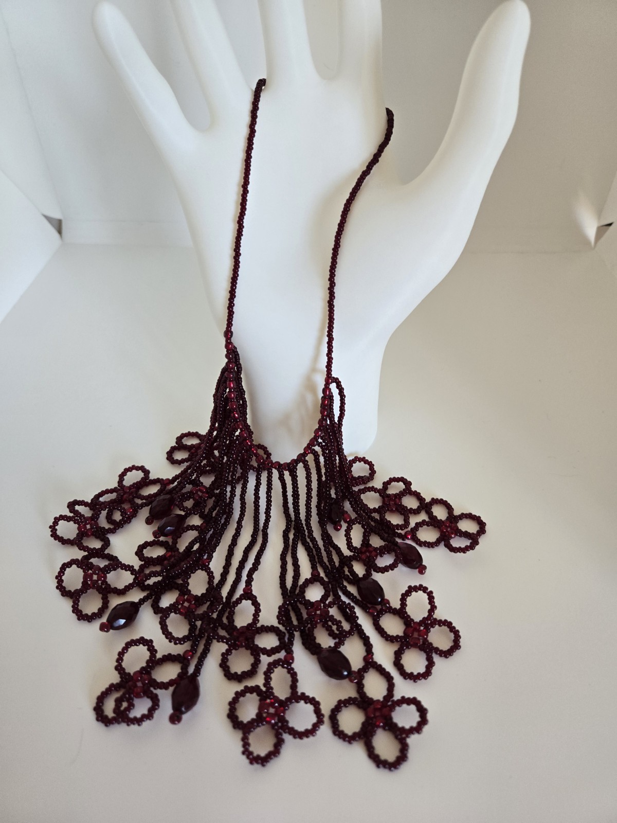 Artisan Hand Beaded Red Seed Bead Waterfall Fringe Flowers Statement Necklace