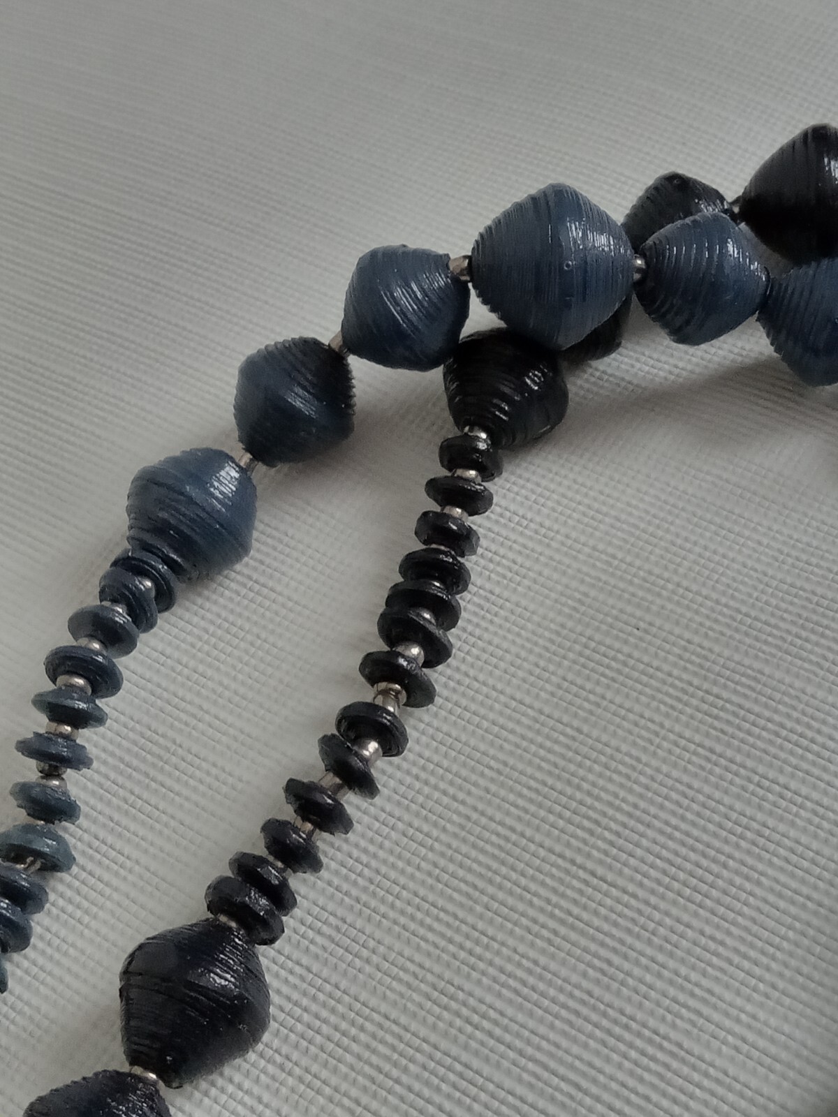 Shades of Blue Lightweight Ribbed Paper Beads Long Length Single Strand Necklace