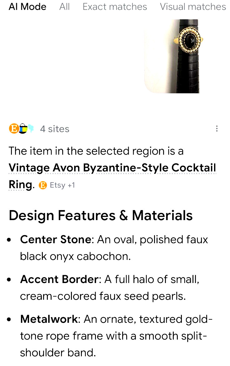 Vintage Avon Byzantine Style Faux Onyx & Pearl Gold Tone Cocktail Ring Size 4