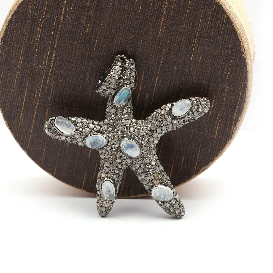 Star Fish Design Diamond &Rainbow Moonstone Gemstone Pendant 925 Sterling Silver