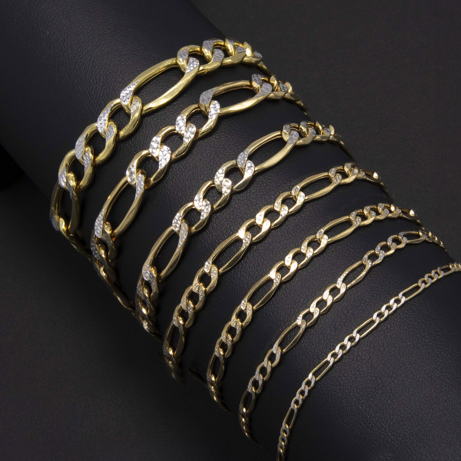 10K Yellow White Gold Diamond-Cut Figaro Link Chain Bracelet All Sizes