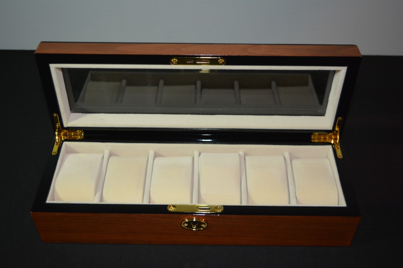6 slot Luxury Watch Box Jewelry Display Case 6 Wood Grain, glossy, clear lid