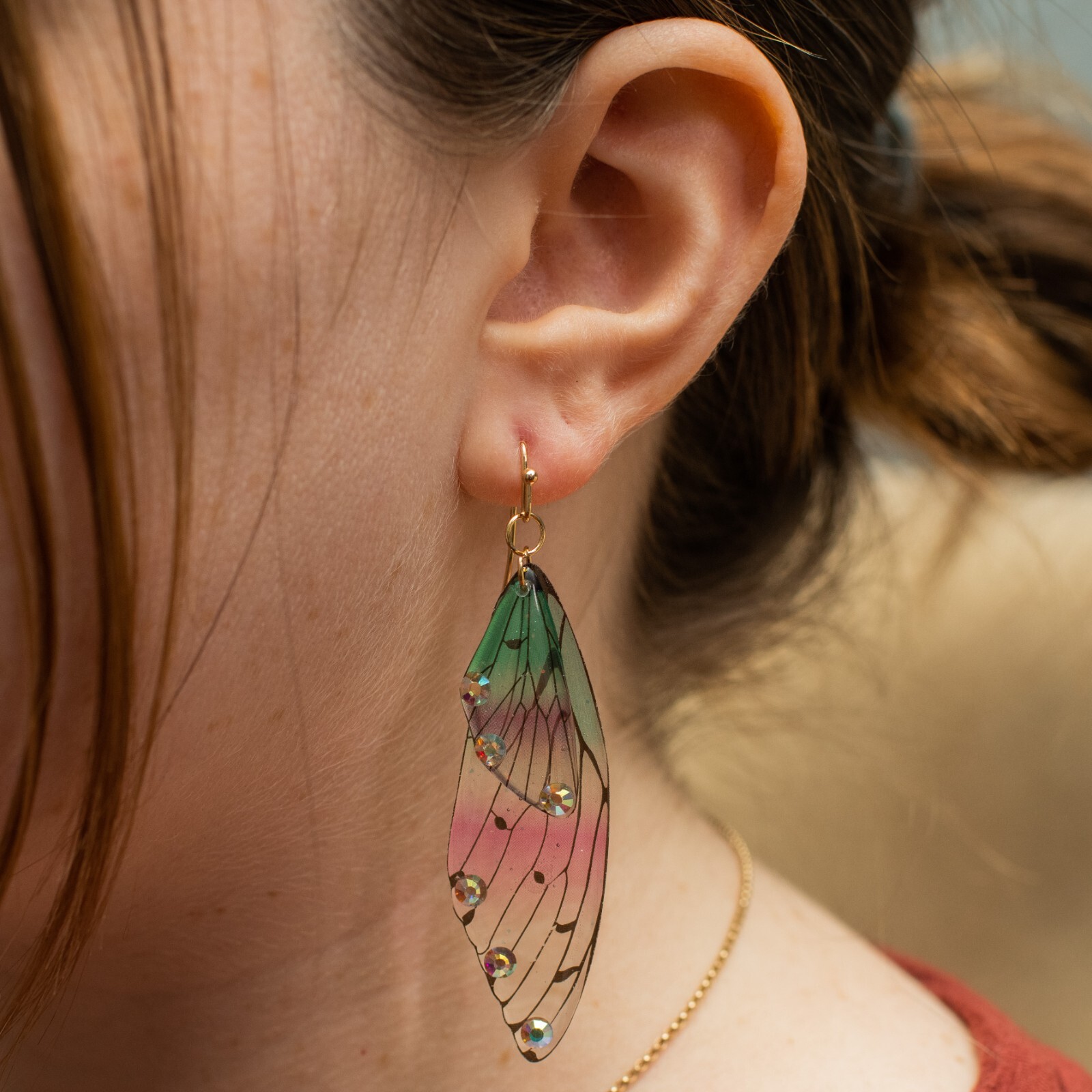 Green and Red Humingbird Wing Dangle Earrings – Radiant Colorful Beautiful