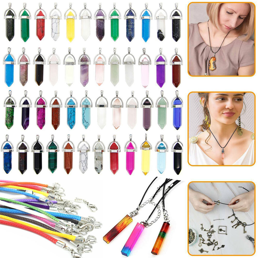 100Pcs Natural Crystal Necklace Pendant Gemstone Chakra Stone Healing Rope Chain