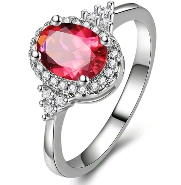 Silver-Plated Zinc Ring Size 6 Red Oval CZ With White/Colorless Inlay