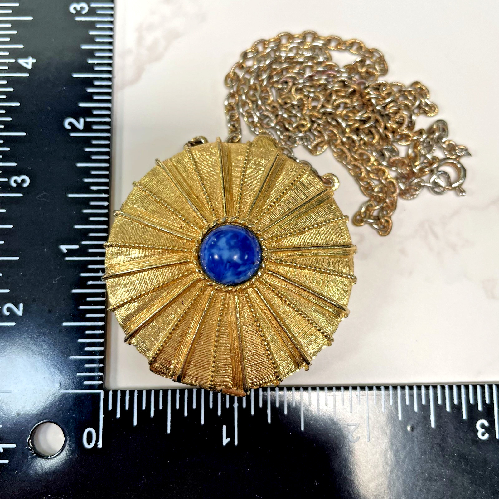 Vintage ESTEE LAUDER Signed Perfume Locket w/LAPIS LAZULI Blue Glass Stone 24″