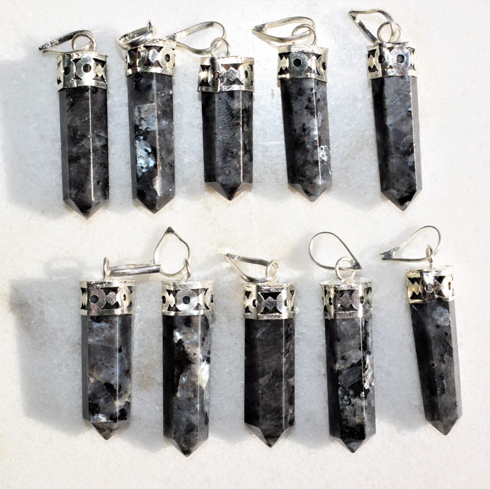 Charged Titanium Flash Larvikite Point Pendant + 20″ Stainless Steel Chain