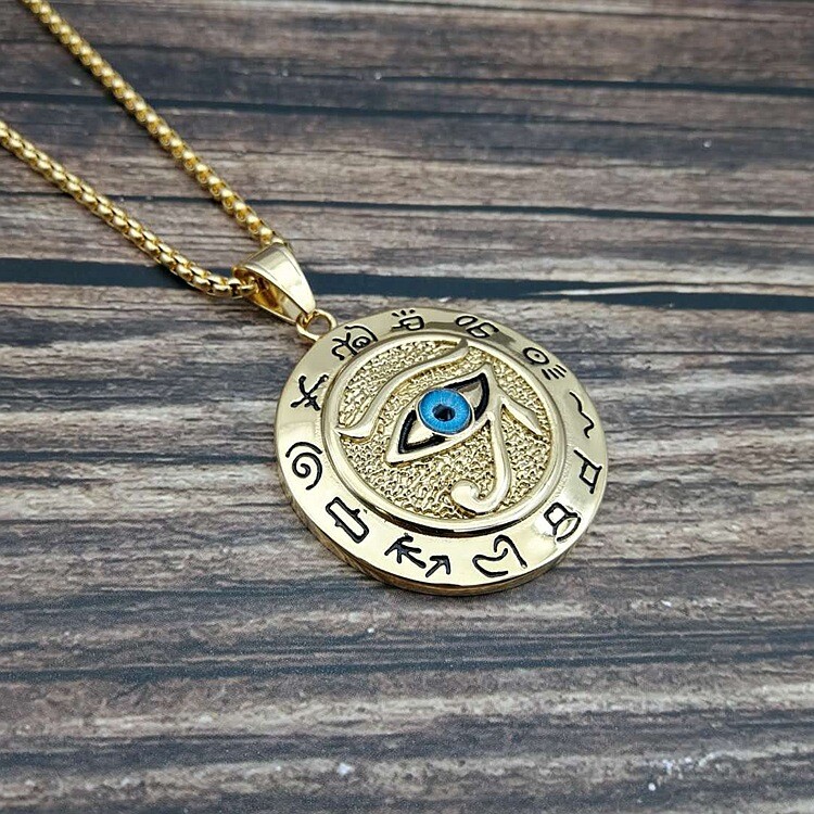 Gold Plated Round Necklace 24″ chain ancient Egypt Eye of Horus Pendant Gift