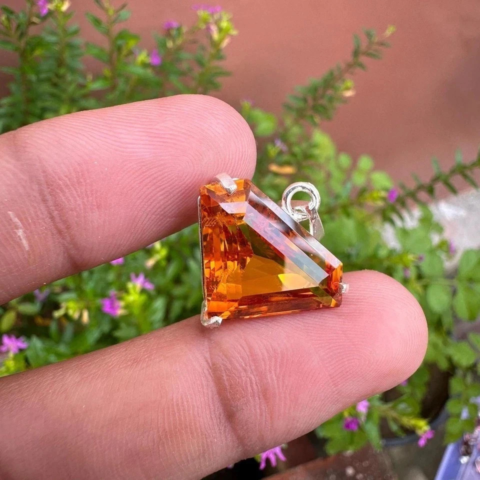 22 Ct Natural Orange Sapphire Fancy Cut 925 Solid Silver Pendant Gemstone