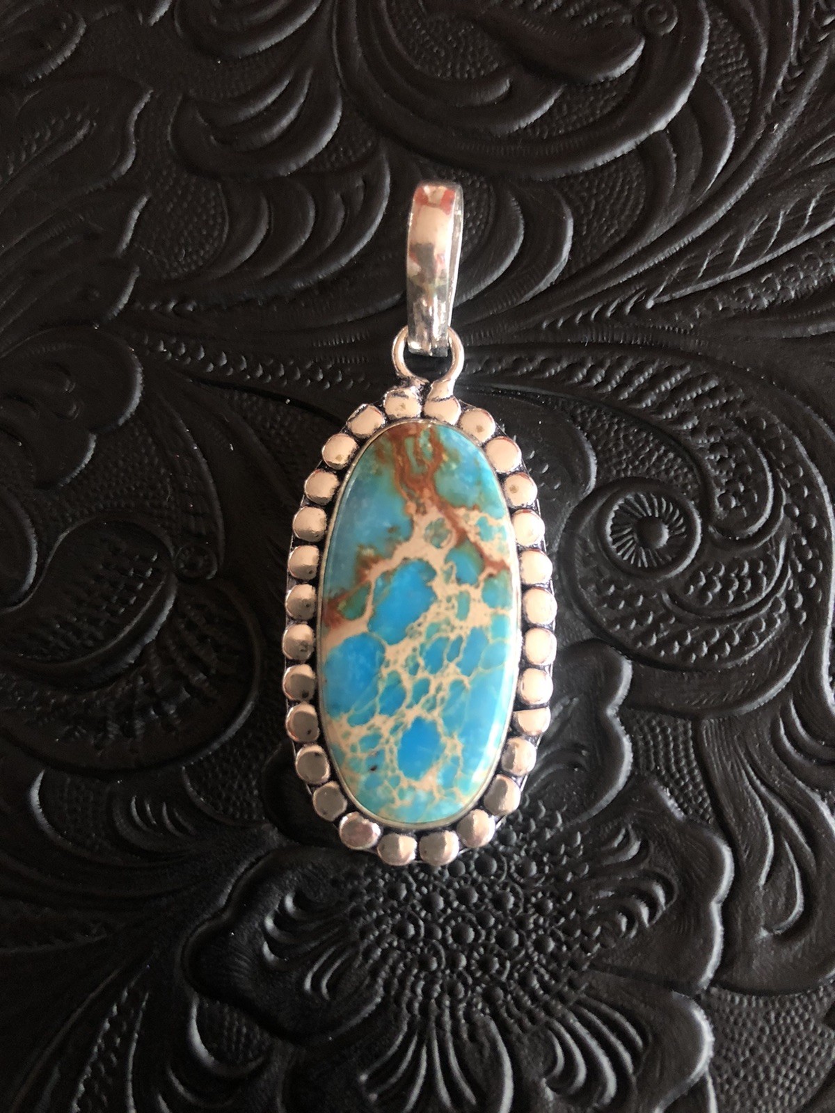 Blue with Brown Yellow Web Matrix Turquoise Pendant 2” Artisan