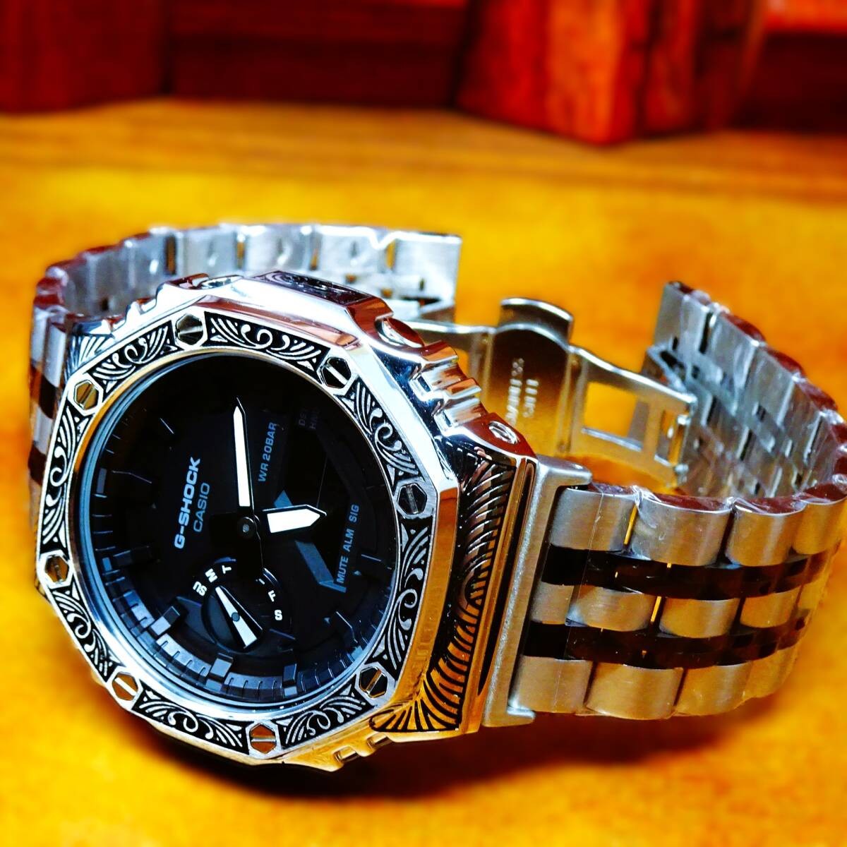CUSTOM CASIO G-Shock GA-2100-7A Stainless Steel Venetian Pattern New item in Box
