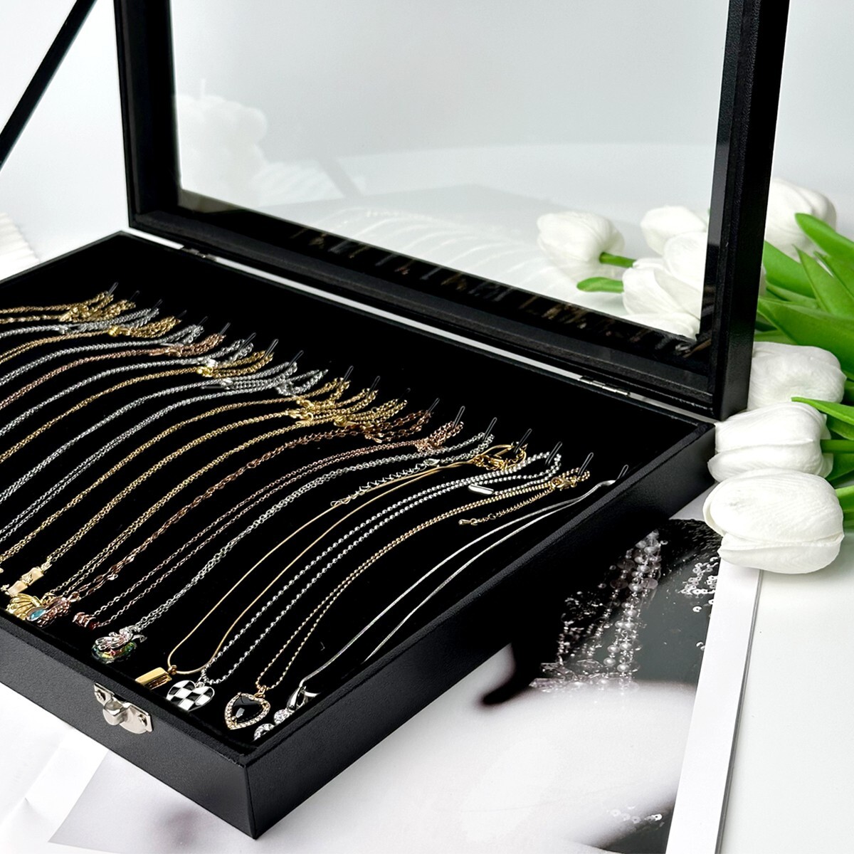 Black 20 Hooks Velvet Necklace Organizer Box Necklace Holder Tray with Clear Lid
