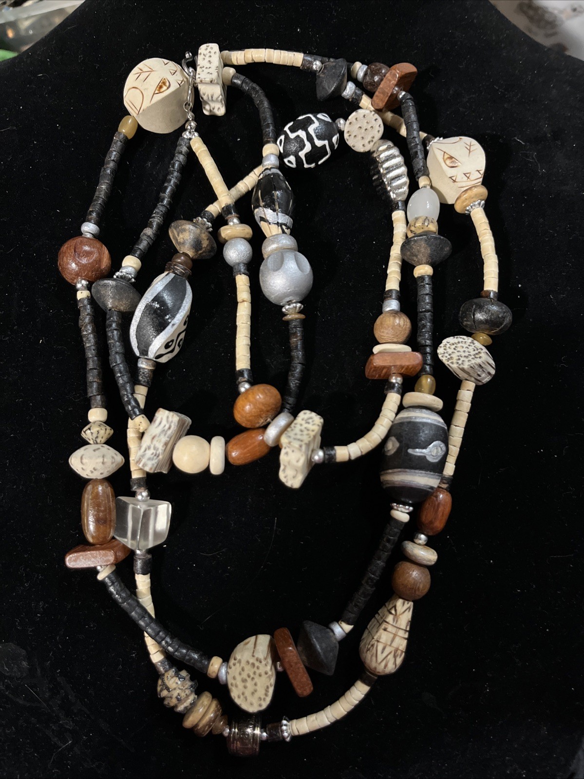 3 Earth Wood Tones Brown Ivory Beads Tribal Bohemian Statement Necklaces Chunky