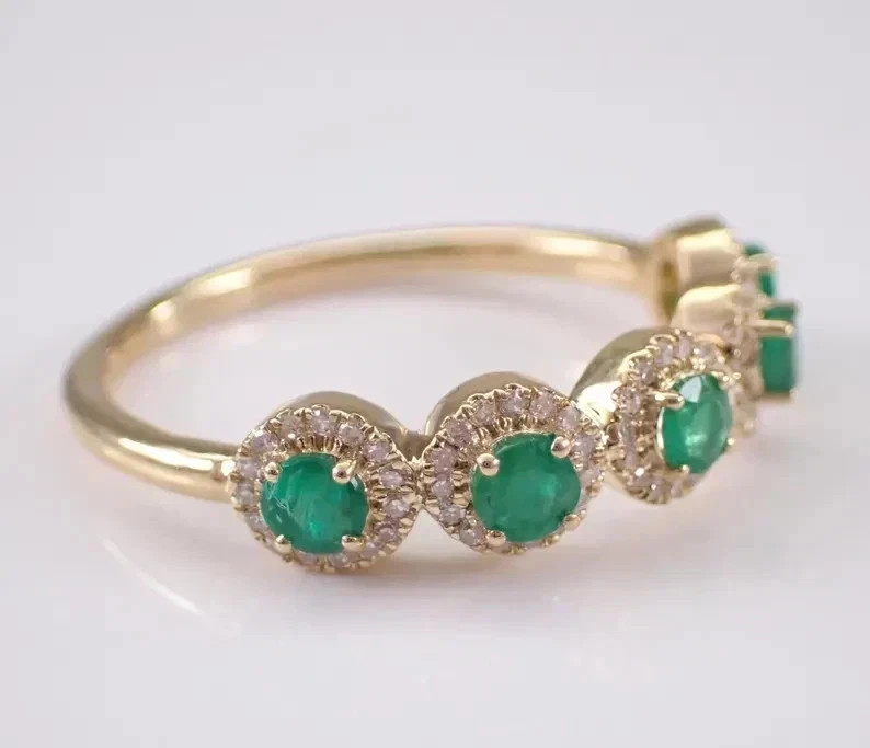 2.20 Ct Round Cut Natural Emerald & Diamond Wedding Ring 14K Yellow Gold