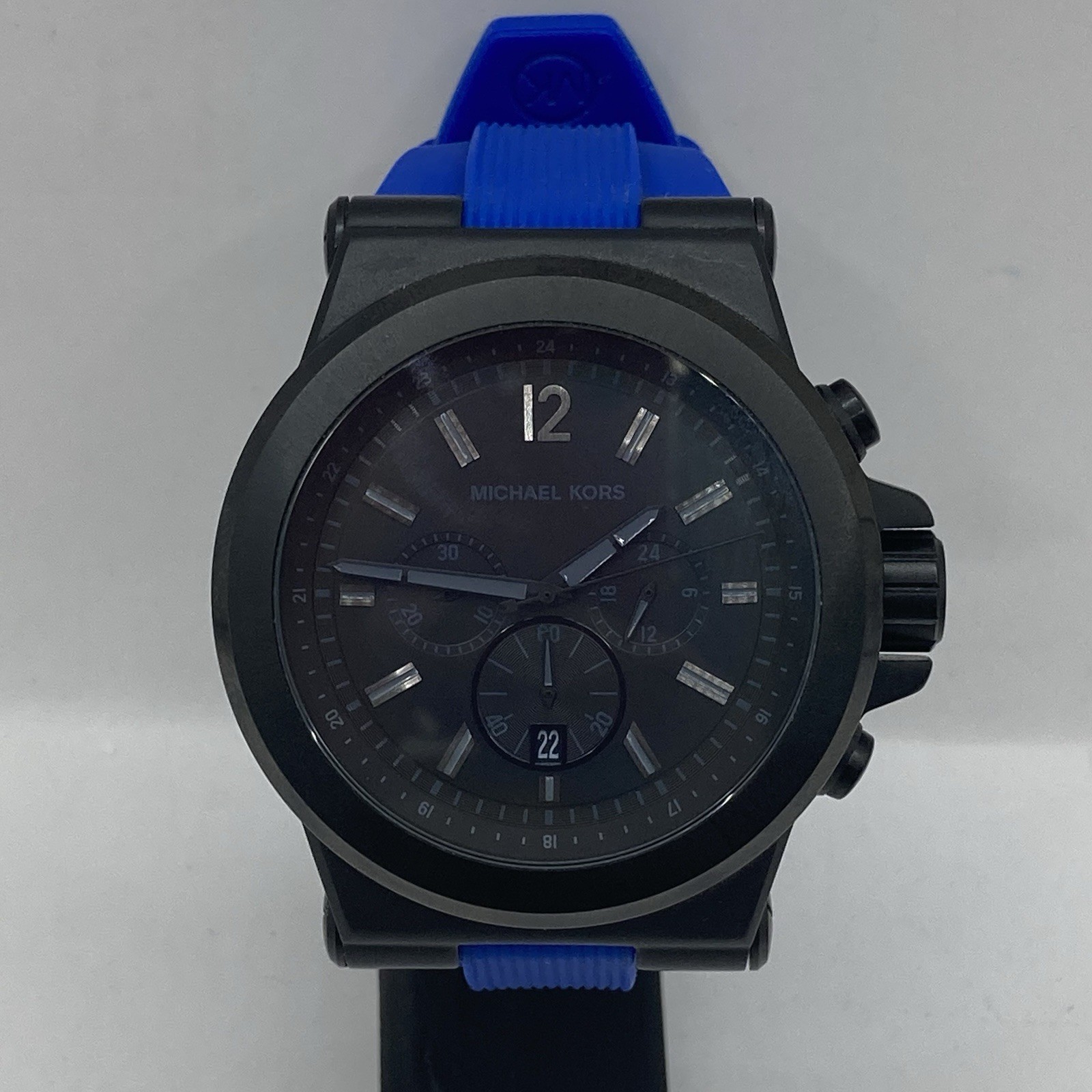 Men’s Michael Kors Dylan Blackout Chronograph 48mm Blue Silicone Band Watch Runs