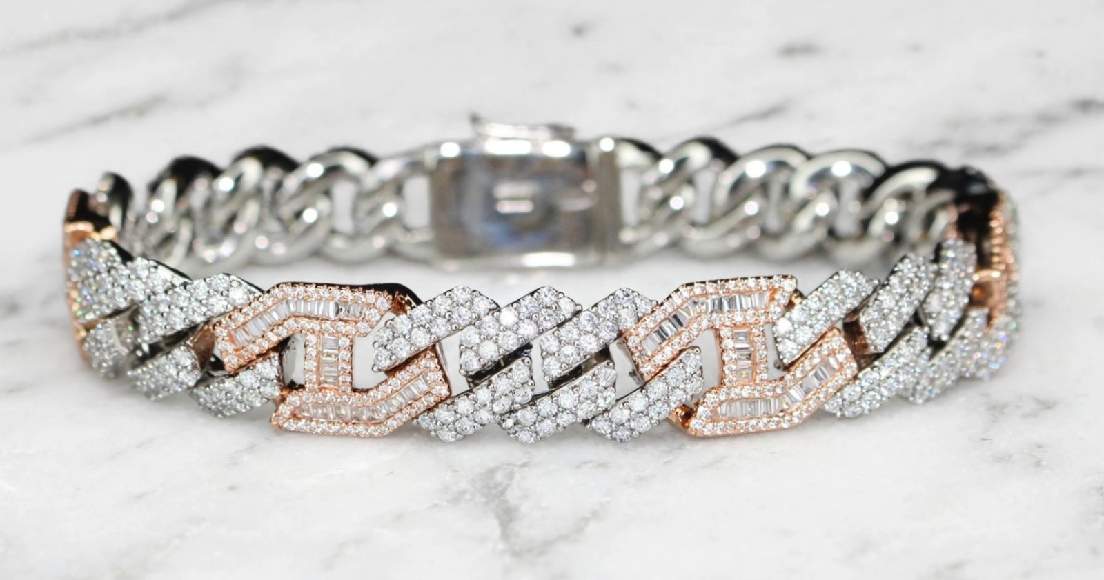 14 STAMPED 14mm FIGARUCCI 18ct Lab VVS1 Sim Diamonds Rose 2-Tone Bracelet 93g