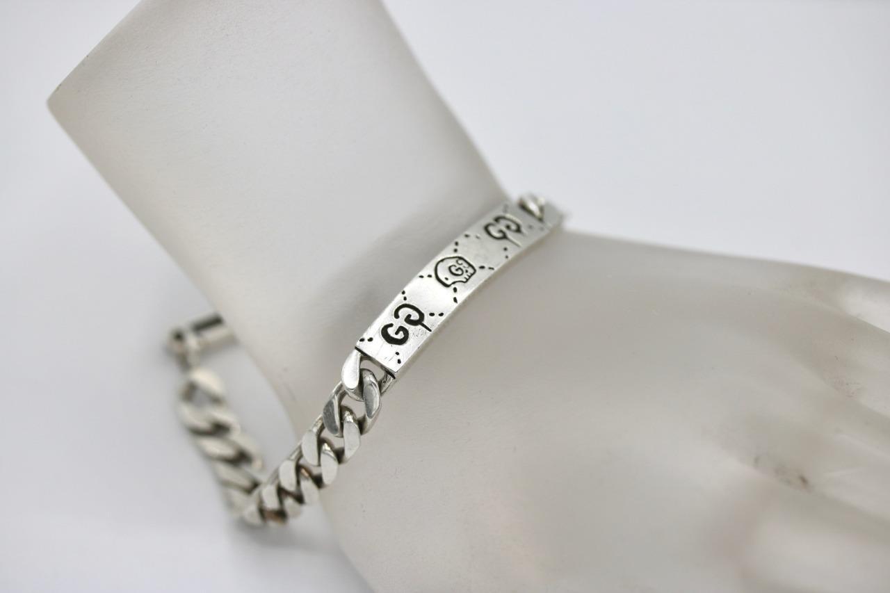Authentic 925 Sterling Silver Men’s Gucci Ghost Bar ID Curb Link Bracelet