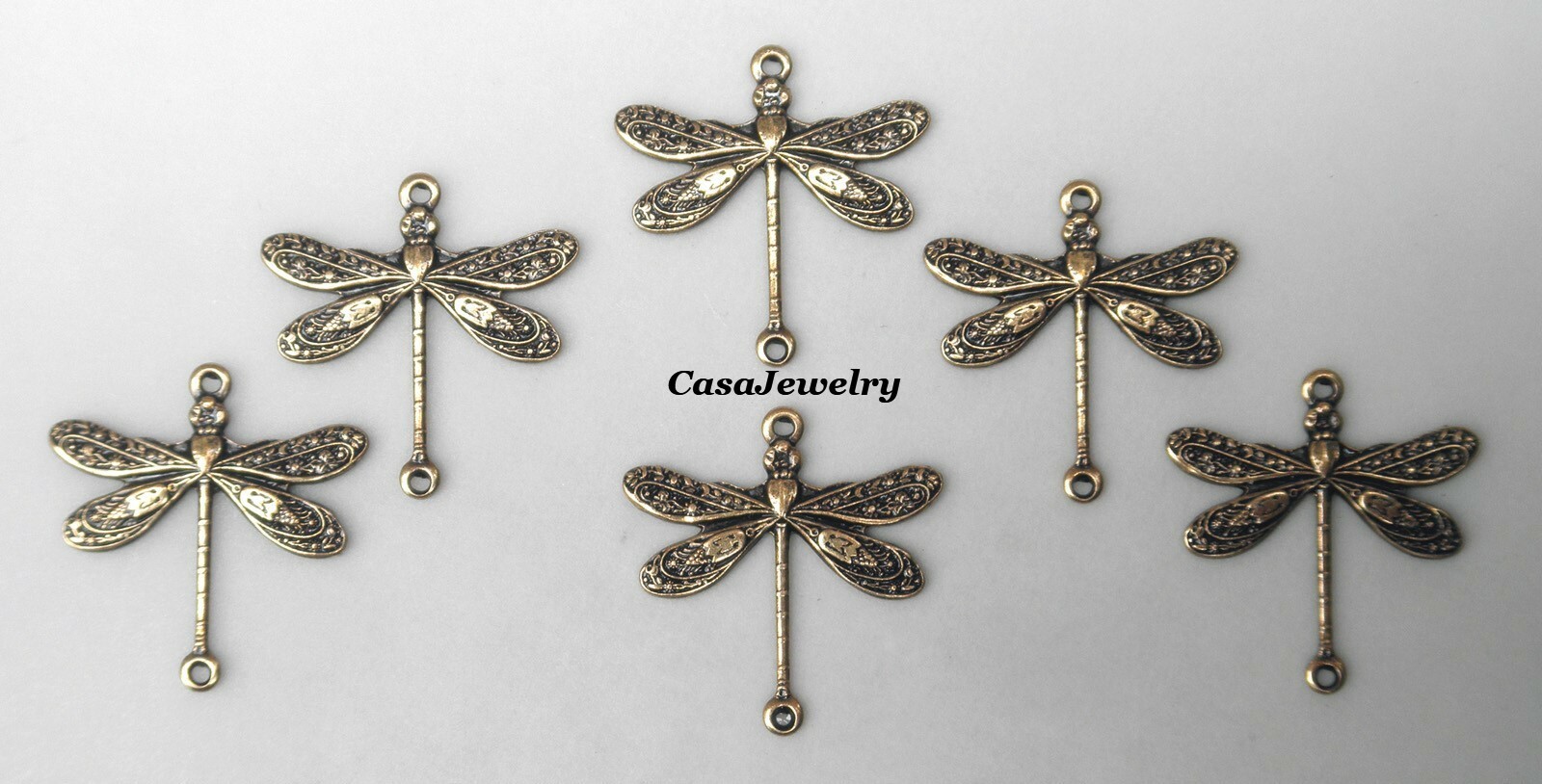 #2001 SM ANTIQUED GOLD BRASS DRAGONFLY CONNECTOR W/2 RINGS – 6 Pc Lot