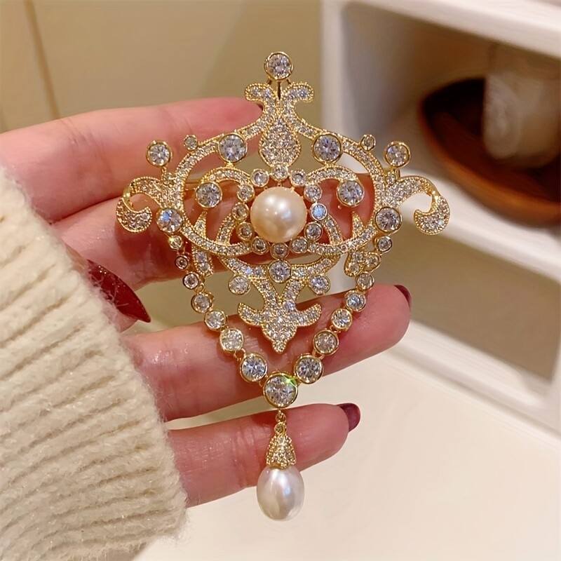 Elegant Brooch With Faux Pearls And Rhinestone, Retro Style Luxury Tassel Pin
