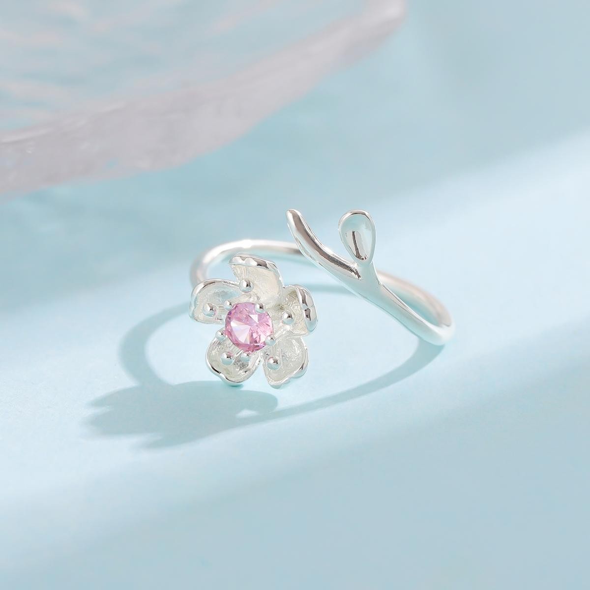 925 Sterling Silver Pink Crystal Flower Open Ring Elegant Adjustable Women Jew..