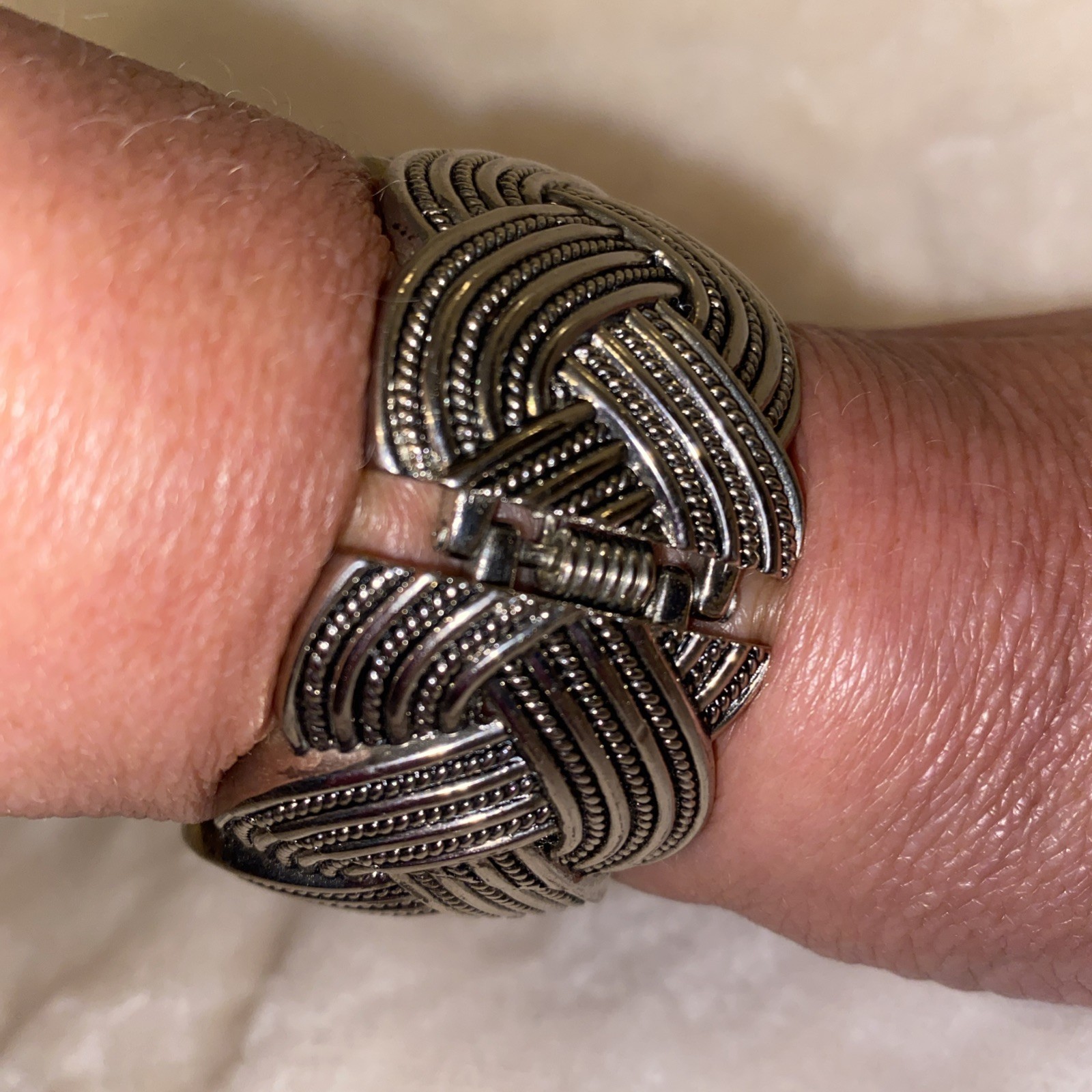 Chunky Woven Silver Tone Bangle Cuff Bracelet Nine Inch Long & 1.5 inches Wide