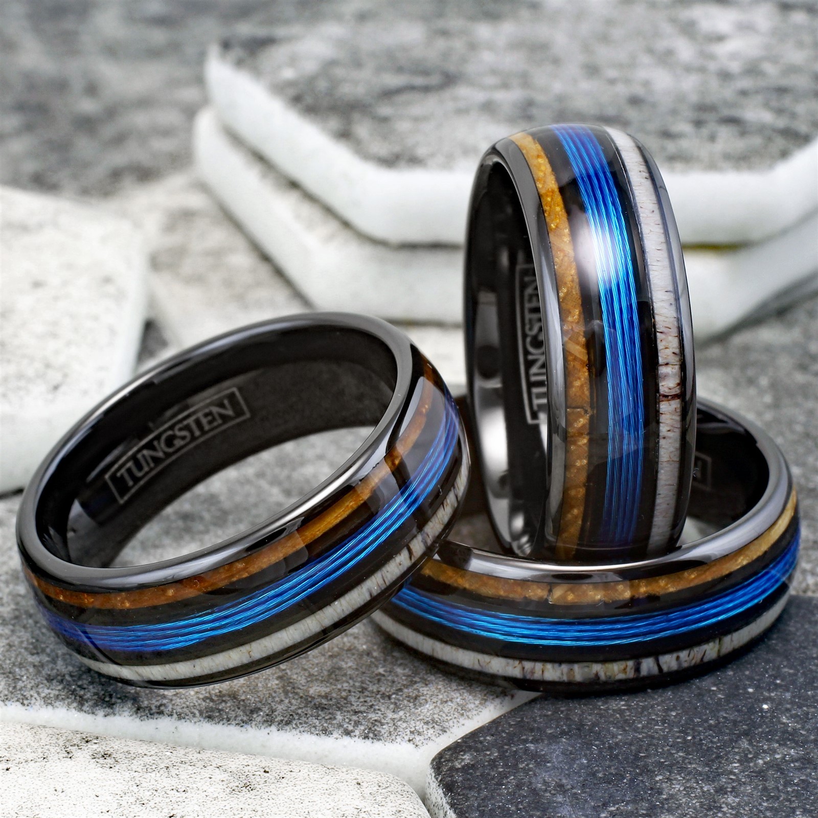 Tungsten Carbide Men’s Ring Blue Fishing Line-Whiskey Barrel & Deer Antler Band
