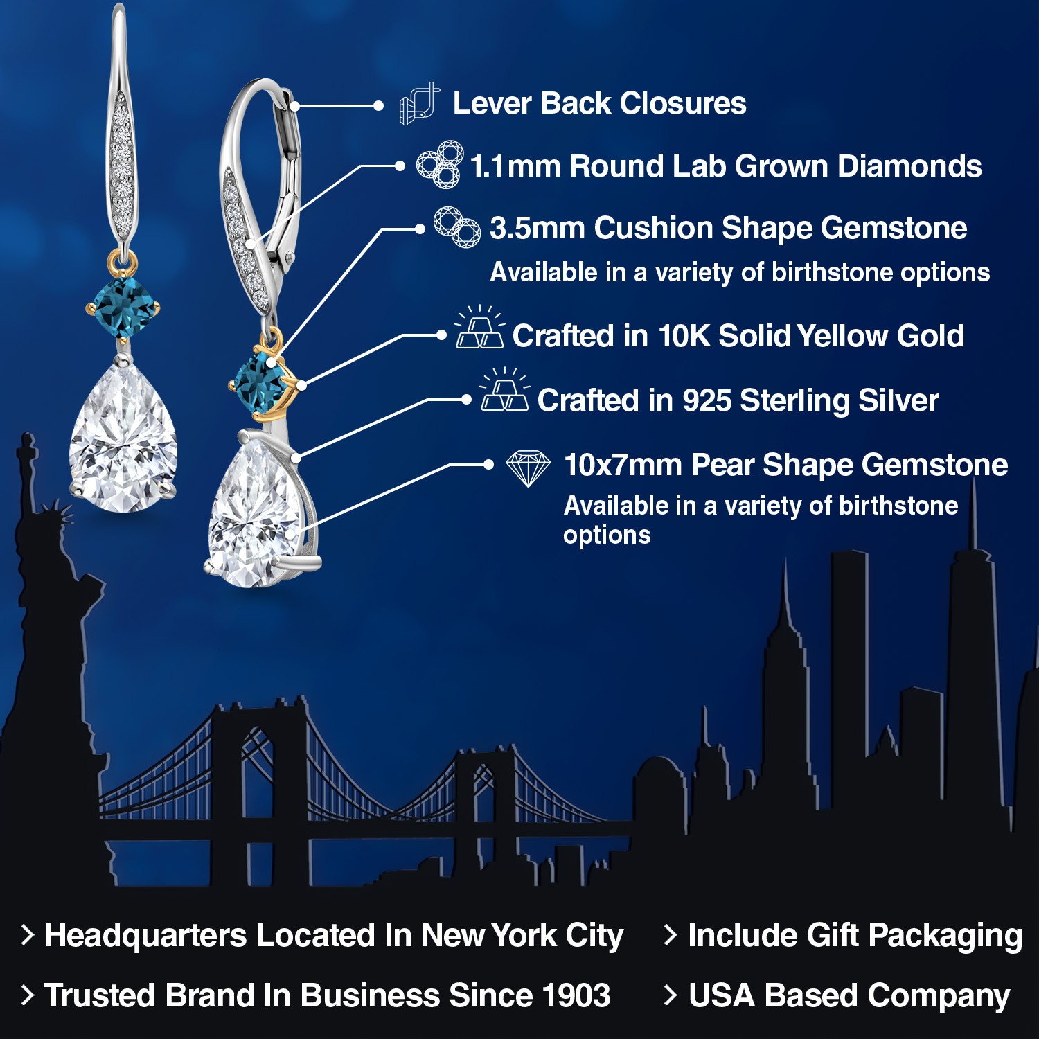 925 Silver and 10K Yellow Gold Gemstone Birthstone London Blue Topaz and Lab
